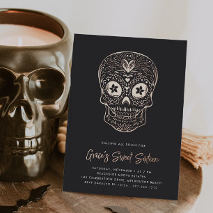 Invitation En Aluminium Golden Skull Dia de los Muertos Sweet sixteen