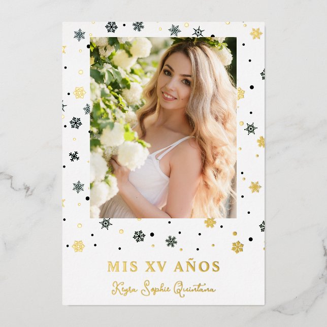 Invitation En Aluminium Golden Snowflake Quinceañera espagnol Whimsical (Recto)
