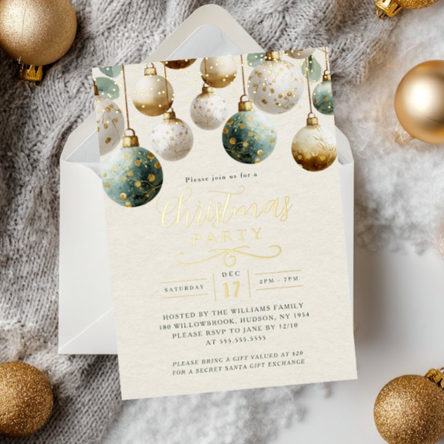 Invitation En Aluminium Golden Teal Green Baubles Christmas Party  (Créateur téléchargé)