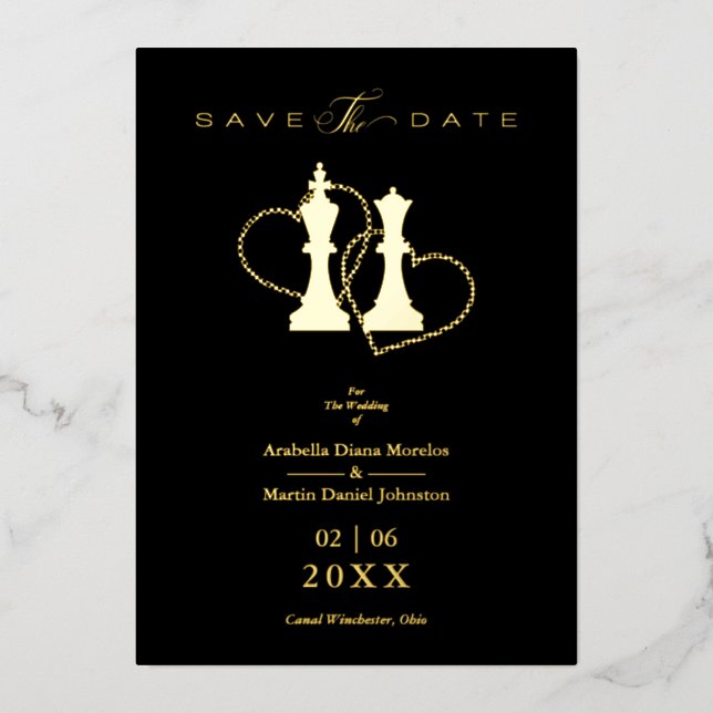 Invitation En Aluminium Golden Wedding Chess Pieces King & Queen Black (Recto)