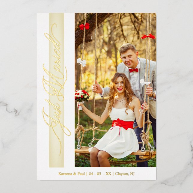 Invitation En Aluminium Golden Wedding Just Married Hand Lettered Photo  (Recto)