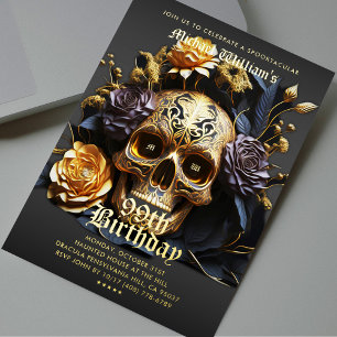 Invitation En Aluminium Gothic Black Gold Crâne Adulte Fête d'Halloween