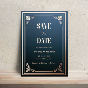 Invitation En Aluminium Gothic Blue & Rose Gold Enregistrez la Date