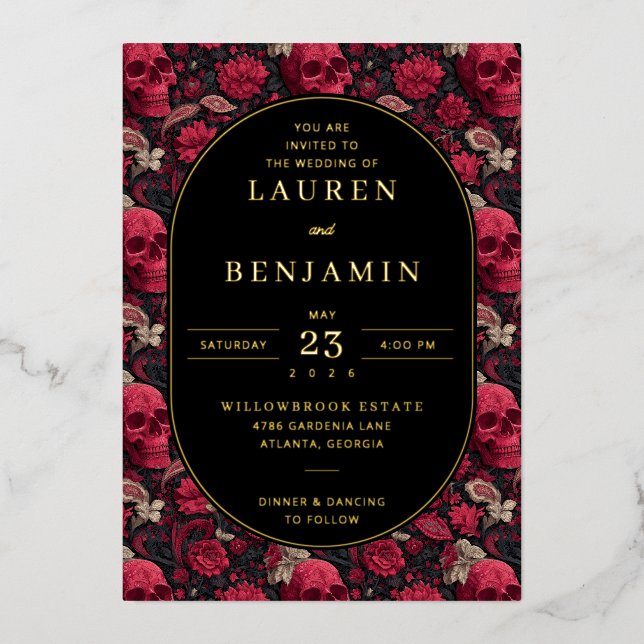 Invitation En Aluminium Gothic Red Floral Skulls (Recto)