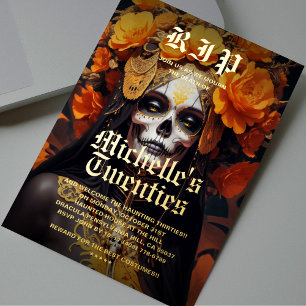 Invitation En Aluminium Gothique 30e Anniversaire Rose Orange Noir Crâne d