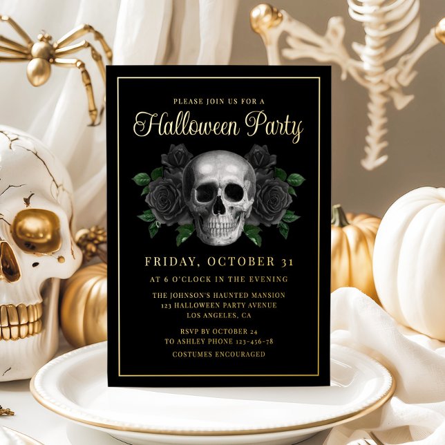 Invitation En Aluminium Gothique Floral Crâne Halloween Or (Gothic Floral Skull Halloween Gold Foil Invitation)
