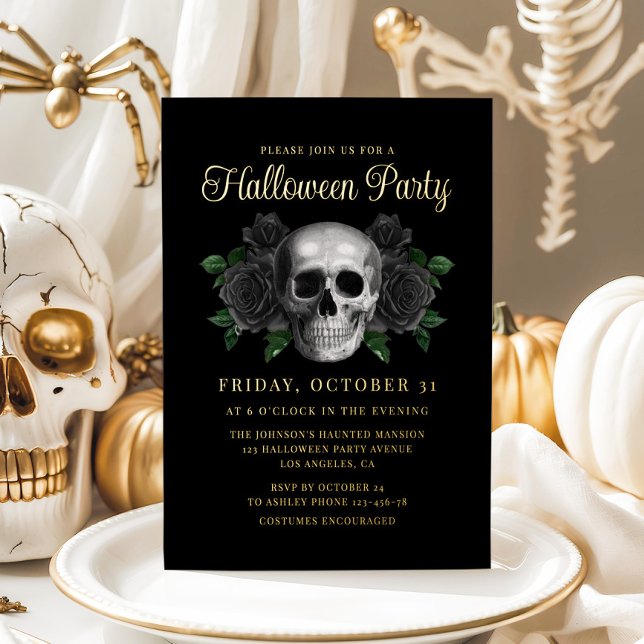 Invitation En Aluminium Gothique Floral Crâne Halloween Or (Gothic Floral Skull Halloween Gold Foil Invitation)