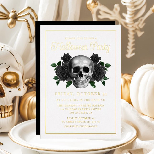 Invitation En Aluminium Gothique Floral Crâne Halloween Or (Gothic Floral Skull Halloween Gold Foil Invitation)