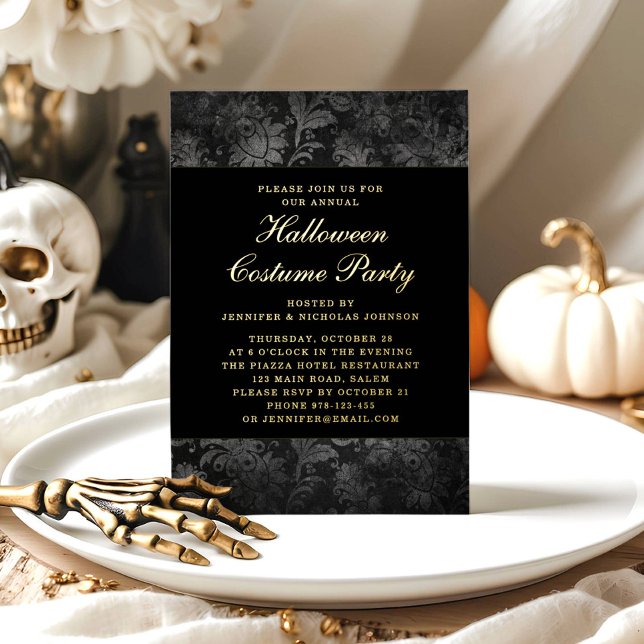 Invitation En Aluminium Gothique Noir Damas Halloween Costume Or (Gothic Black Damask Halloween Costume Gold Foil Invitation)