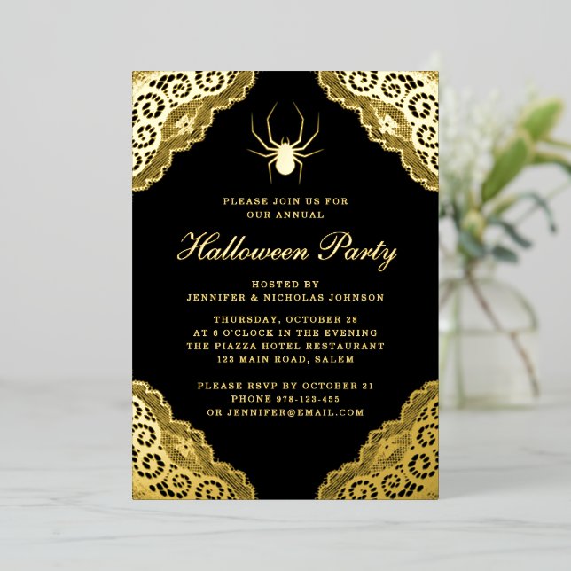 Invitation En Aluminium Gothique Noir Damas Halloween Party Gold Foil Invi (Debout devant)
