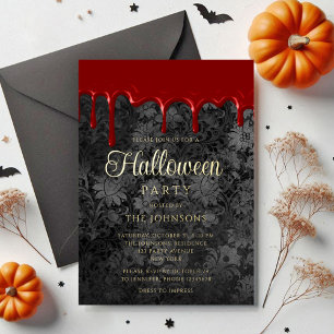 Invitation En Aluminium Gothique noir damas or sang goutte Halloween