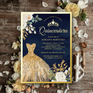 Invitation En Aluminium Gown étincelant ivoire Floral Navy Quinceanera Or