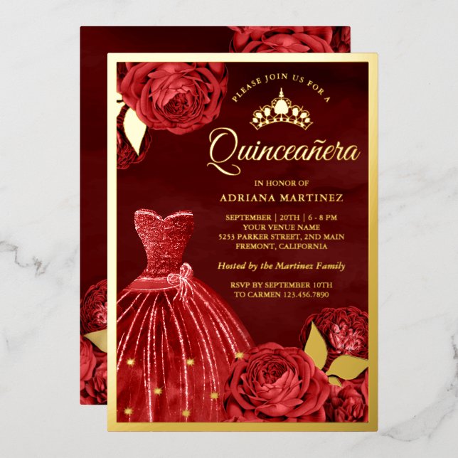 Invitation En Aluminium Gown étincelant Rouge Roses Maroon Quinceanera Or (Recto/Verso)