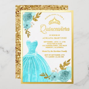 Invitation En Aluminium Gown étincelante Aqua bleu Floral Quinceanera Or