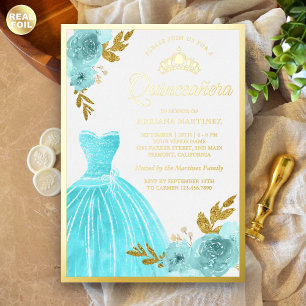 Invitation En Aluminium Gown étincelante Aqua bleu Floral Quinceanera Or