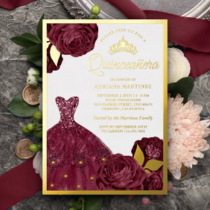 Invitation En Aluminium Gown étincelante Bourgogne Floral Quinceanera Or