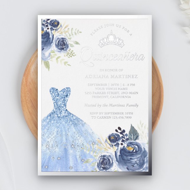 Invitation En Aluminium Gown pétillant Pastel Blue Roses Quinceanera (Créateur téléchargé)