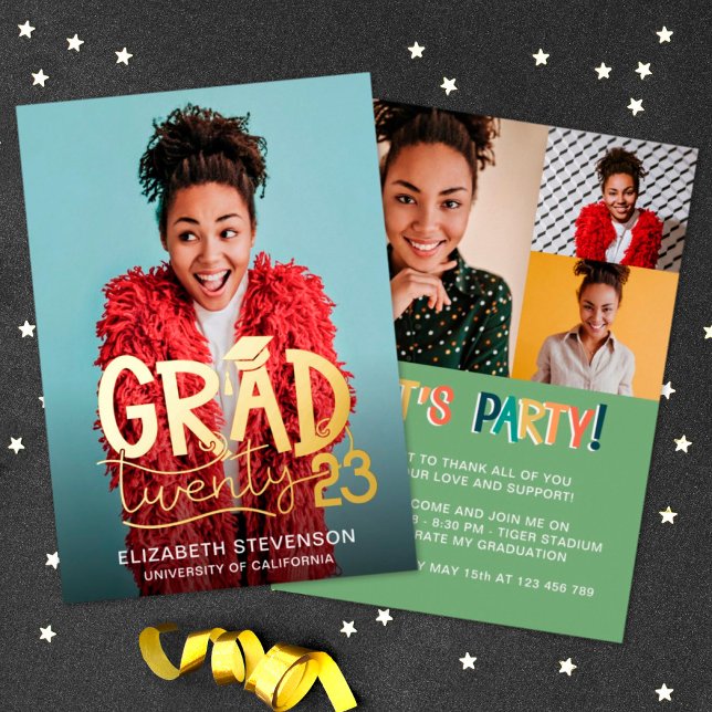 Invitation En Aluminium Grad 2023 audacieuse fête de graduation 4 photo or (Créateur téléchargé)