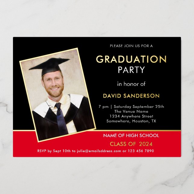Invitation En Aluminium Grad 2025 Graduation Party Photo Red Black Gold (Recto)