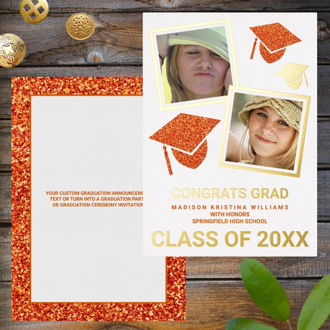 Invitation En Aluminium Grad Glam Orange Casquette Photo Collage Grad (Créateur téléchargé)