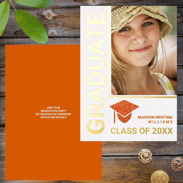Invitation En Aluminium Grad Glam Orange Casquette Stylish Graduate Photo (Créateur téléchargé)