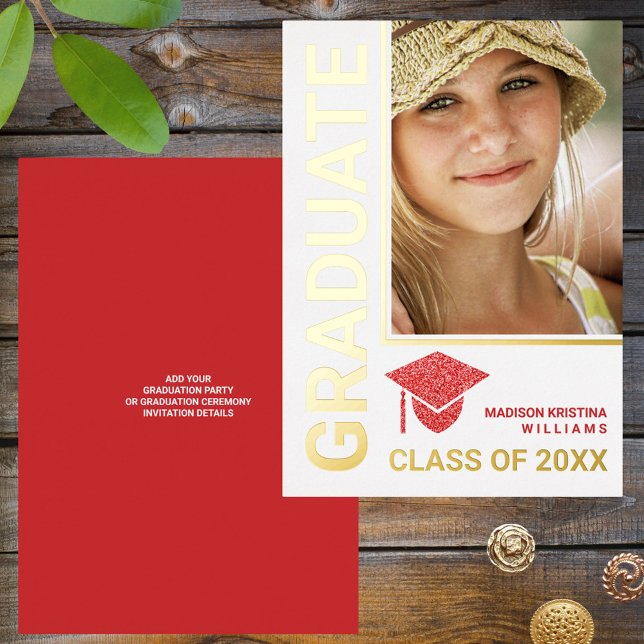 Invitation En Aluminium Grad Glam Red Casquette Stylish Graduate Photo (Créateur téléchargé)