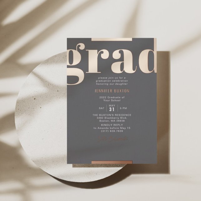 Invitation En Aluminium Grad Moderne Gras Graduation Party Gris Rose Or (Créateur téléchargé)