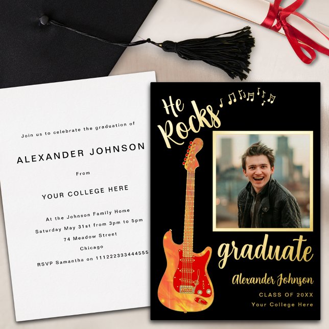 Invitation En Aluminium Grad Photo Music Graduation Party Black and Gold (He rocks quote Cool music graduate photo black and gold foil Graduation party invitation.png)
