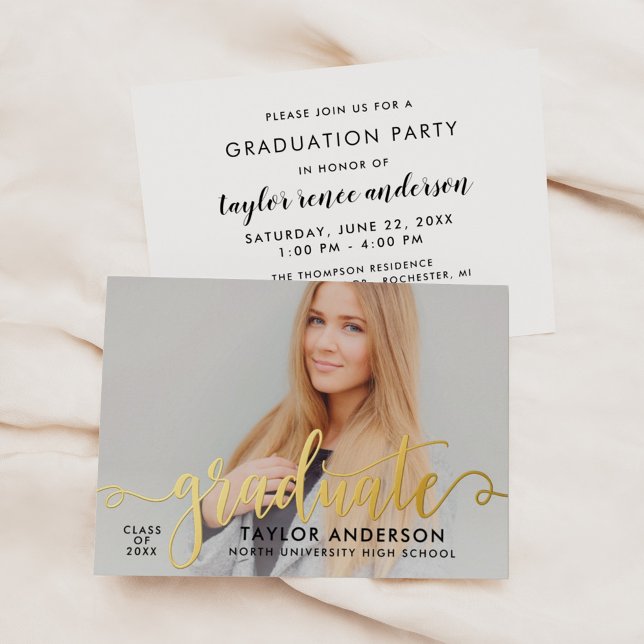 Invitation En Aluminium Graduate Gold Modern Script Graduation Photo (Créateur téléchargé)