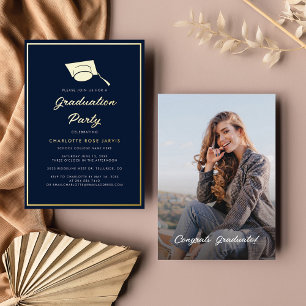 Invitation En Aluminium Graduation 2023 Script Navy Blue Photo Party Gold