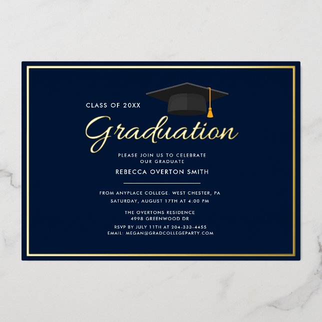 Invitation En Aluminium Graduation 2024 Marine Blue Grad Party Gold (Recto)