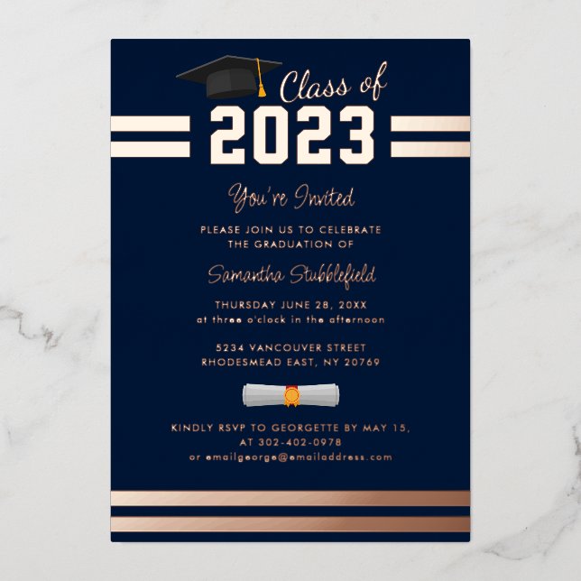 Invitation En Aluminium Graduation 2024 Marine Blue Party Rose Gold