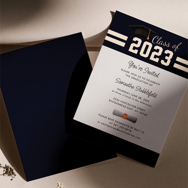 Invitation En Aluminium Graduation 2025 Marine Blue Grad Party Rose Gold (Créateur téléchargé)