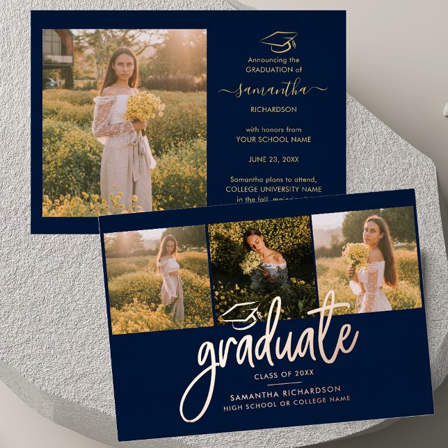 Invitation En Aluminium Graduation 2025 Marine Blue Photo Collage Rose Gol (Graduation 2025 Navy Blue Photo Collage Rose Gold Foil Invitation)