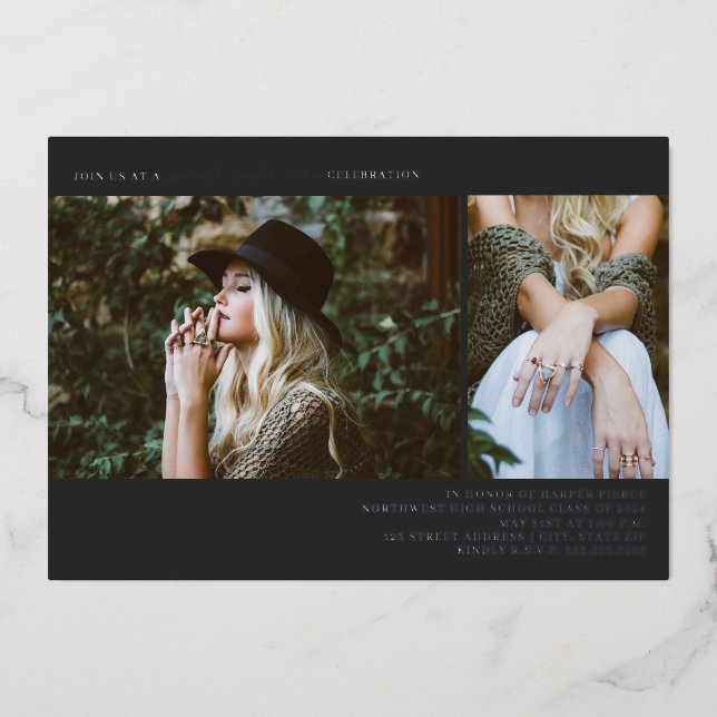 Invitation En Aluminium Graduation 2 Ligne photo Art gris foncé (Recto)