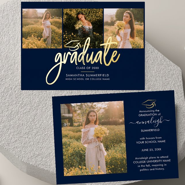 Invitation En Aluminium Graduation 4 Photo Collage Script Marine Gold (Graduation 2025 Script Photos Gold Foil Announcement)