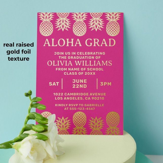 Invitation En Aluminium Graduation Aiguille tropicale Luau Rose (Tropical pineapple graduation invitation with gold foil raised texture)
