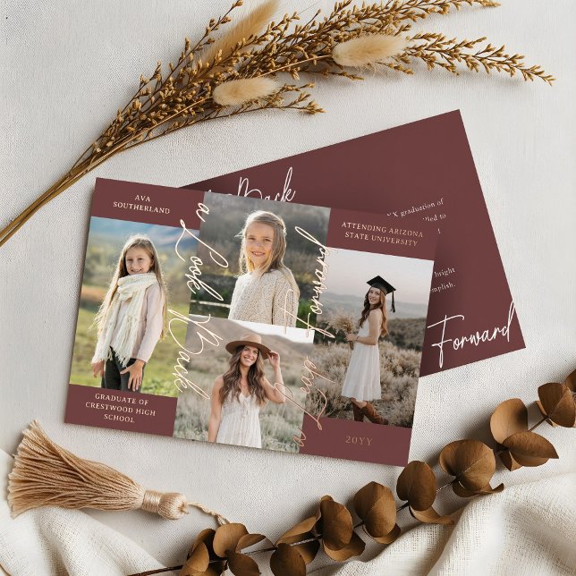 Invitation En Aluminium Graduation Alors & Maintenant Photo Collage Faire- (Graduation Then & Now Photo Collage Burgundy Announcement)