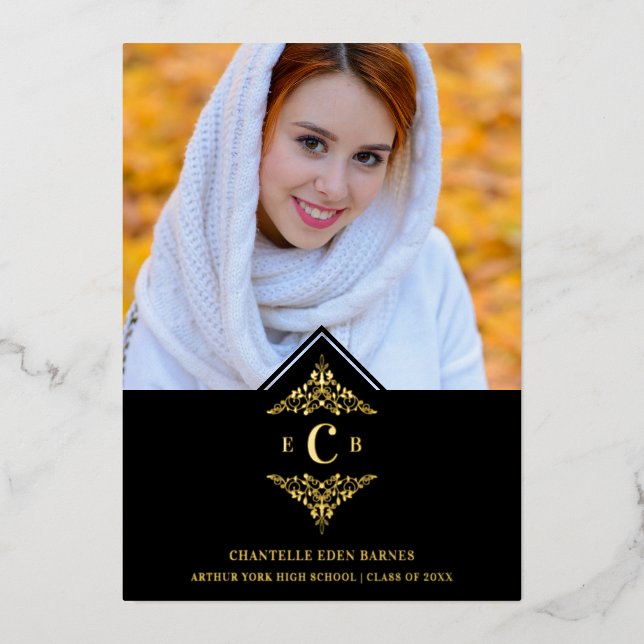 Invitation En Aluminium Graduation Black Real Golden Chic Lace Romantic (Recto)