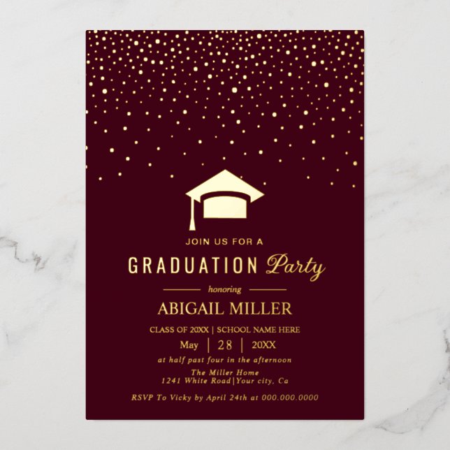 Invitation En Aluminium Graduation cap confetti Class Of 2025 burgundy (Recto)