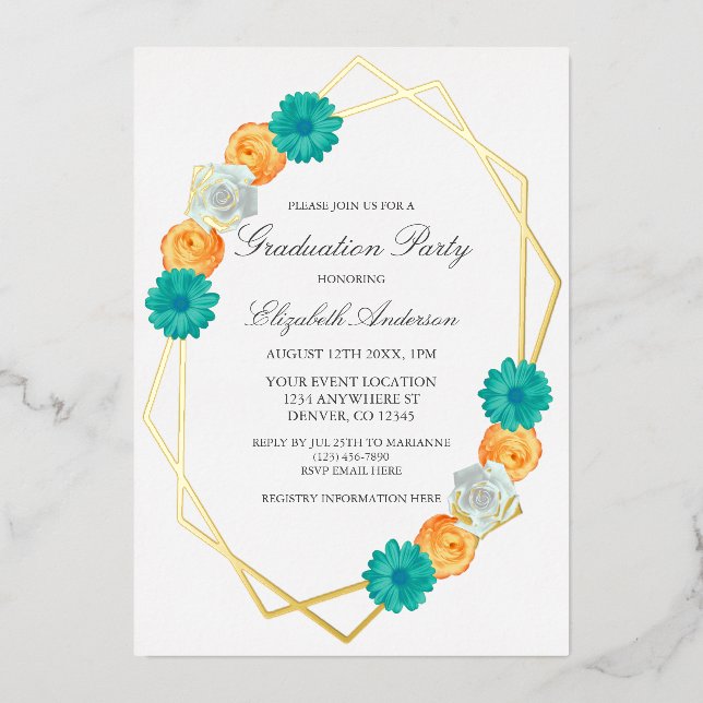 Invitation En Aluminium Graduation géométrique Turquoise orange (Recto)