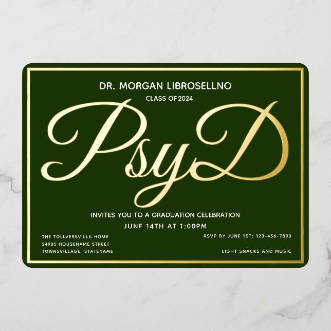 Invitation En Aluminium Graduation Green Gold PsyD (Recto)