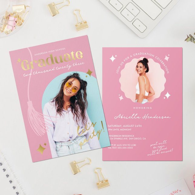 Invitation En Aluminium Graduation moderne et rétro rose étincelle (Créateur téléchargé)