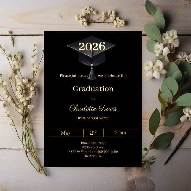 Invitation En Aluminium Graduation party black gold class of 2026 luxury (Créateur téléchargé)