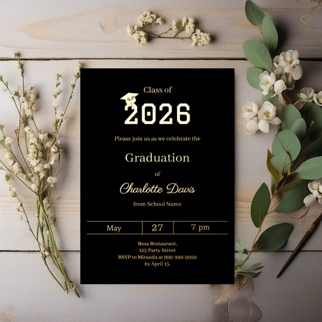 Invitation En Aluminium Graduation party black gold class of 2026 luxury (Créateur téléchargé)