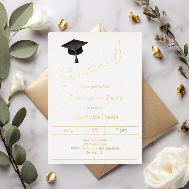 Invitation En Aluminium Graduation party black gold  luxury She did it (Créateur téléchargé)