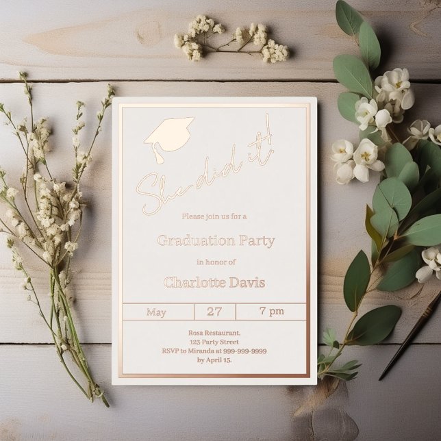 Invitation En Aluminium Graduation party rose gold luxury She did it (Créateur téléchargé)