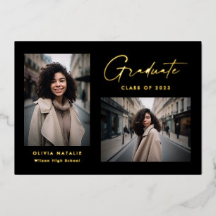 Invitation En Aluminium Graduation photo minimale moderne noir et or 2