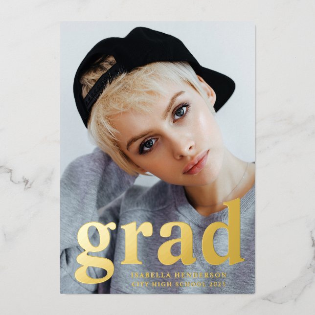 Invitation En Aluminium Graduation photo moderne Black Gold Foil (Recto)