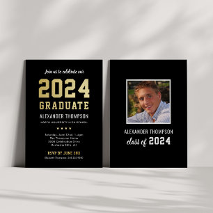 Invitation En Aluminium Gradué 2024 Modern Black Gold Graduation Party